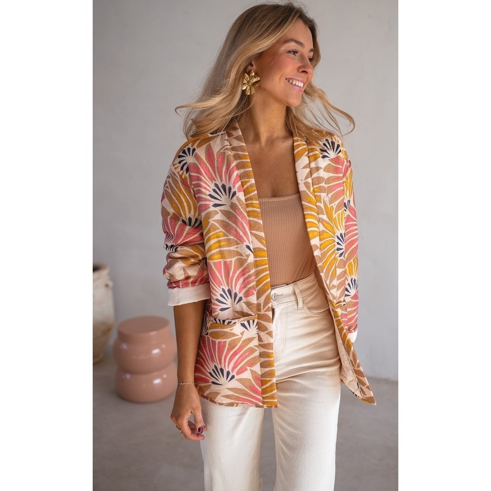 Easy Clothes Mirabelle Jacket S/M Multicolor Floral Fan Print Blazer Boho French